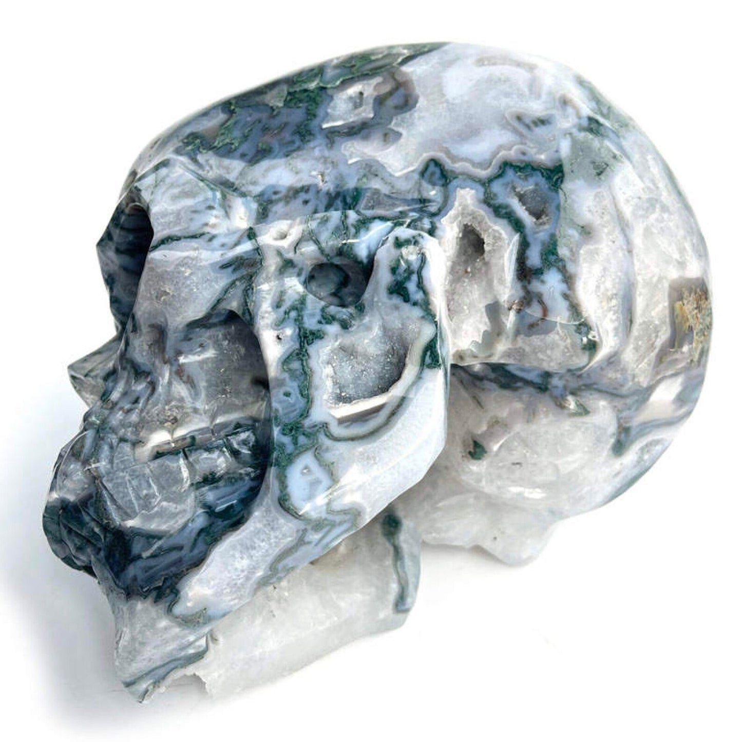 9 inch druzy moss agate Crystal skull