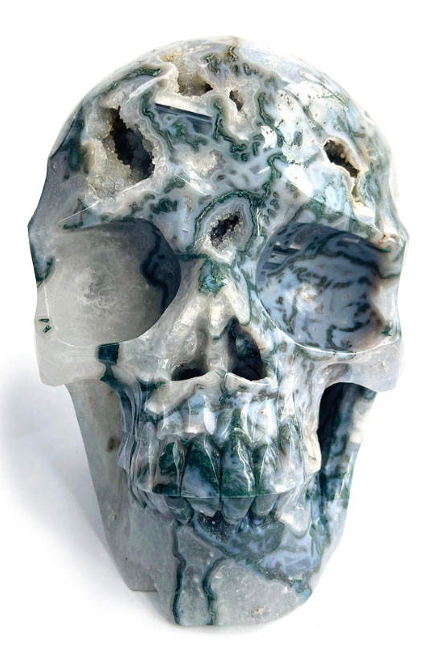 9 inch druzy moss agate Crystal skull