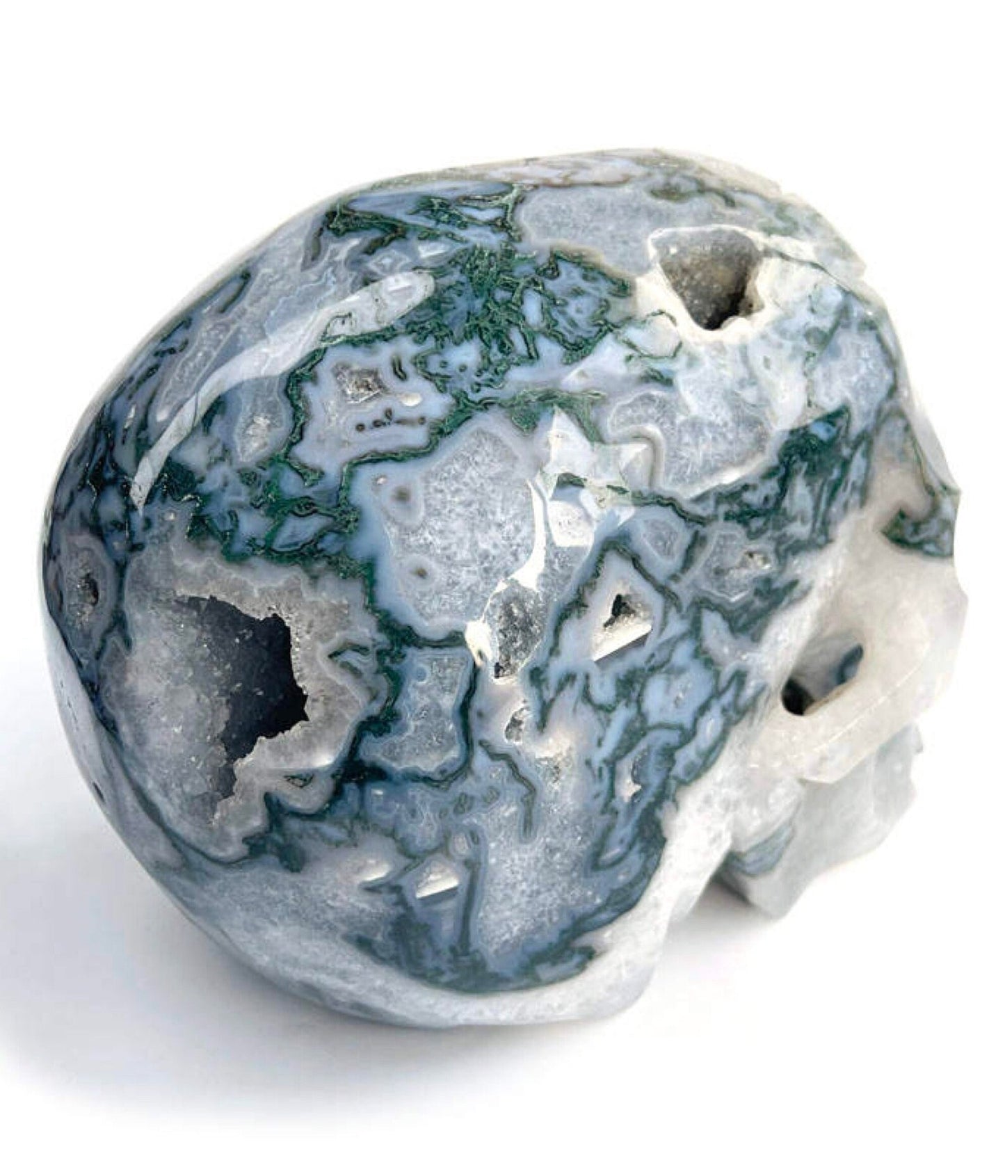 9 inch druzy moss agate Crystal skull
