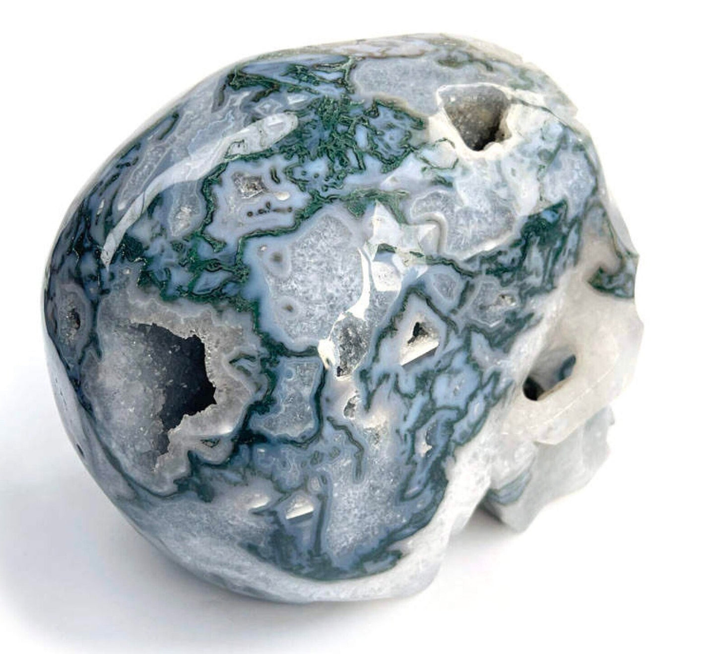 9 inch druzy moss agate Crystal skull