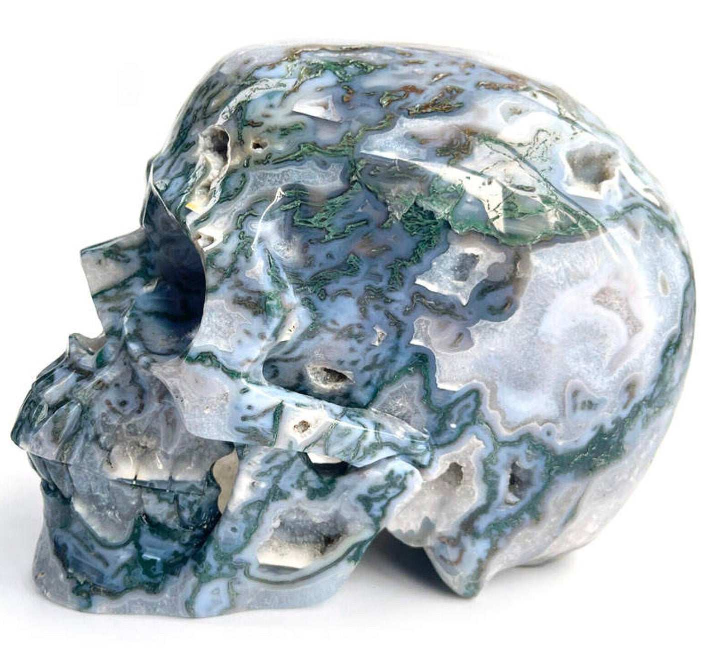 9 inch druzy moss agate Crystal skull