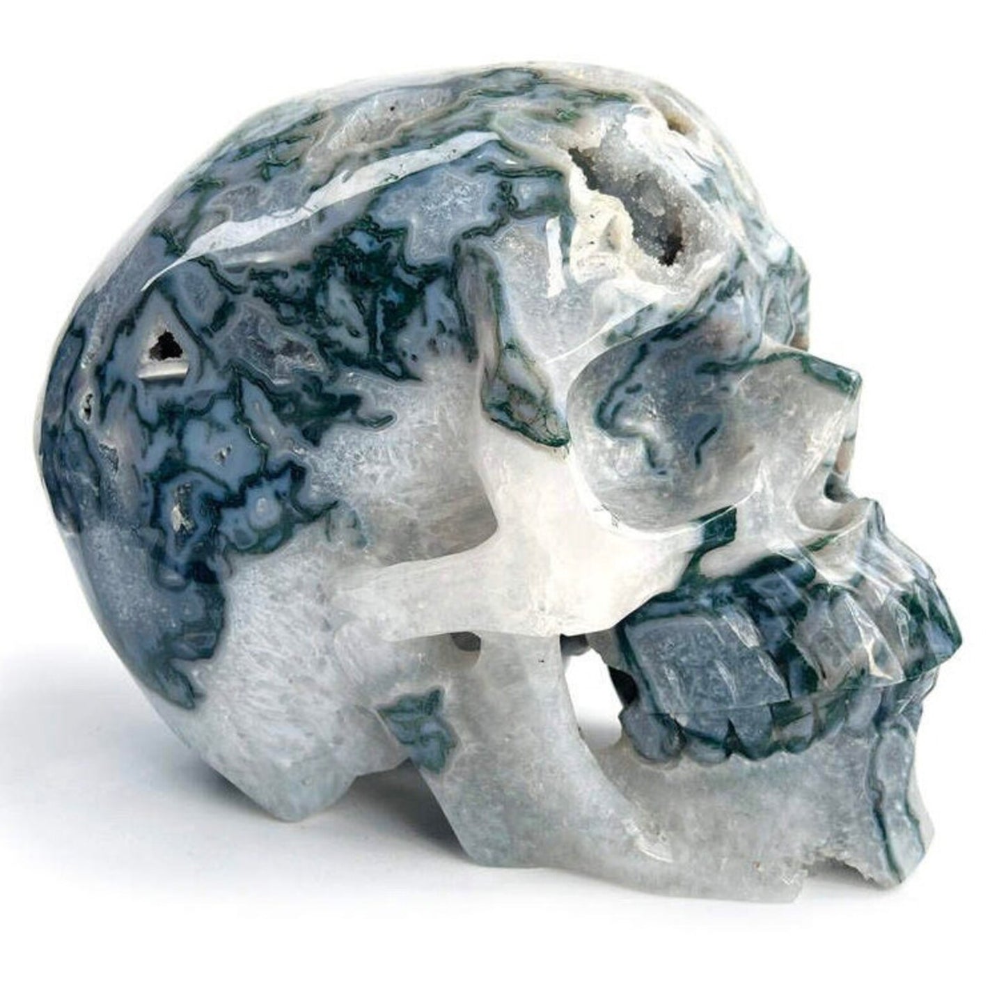 9 inch druzy moss agate Crystal skull